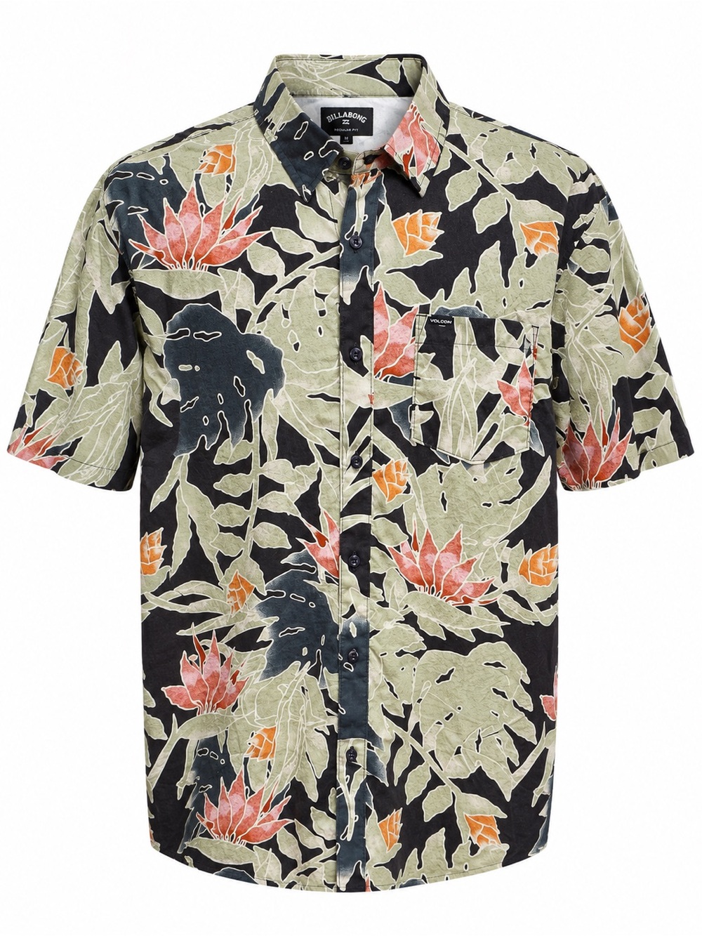 Volcom Black Floral Short-Sleeve Button-Down with Green Leaves and Coral Flowers